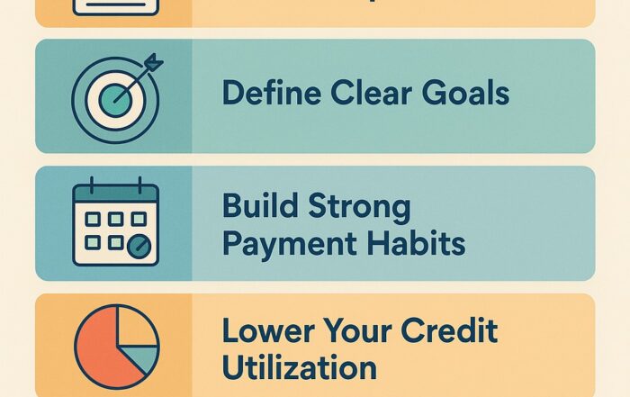 Infographic showing six steps to start your credit goals for 2026, including reviewing your credit report, defining goals, building payment habits, lowering utilization, adding tradelines, and disputing inaccurate items.