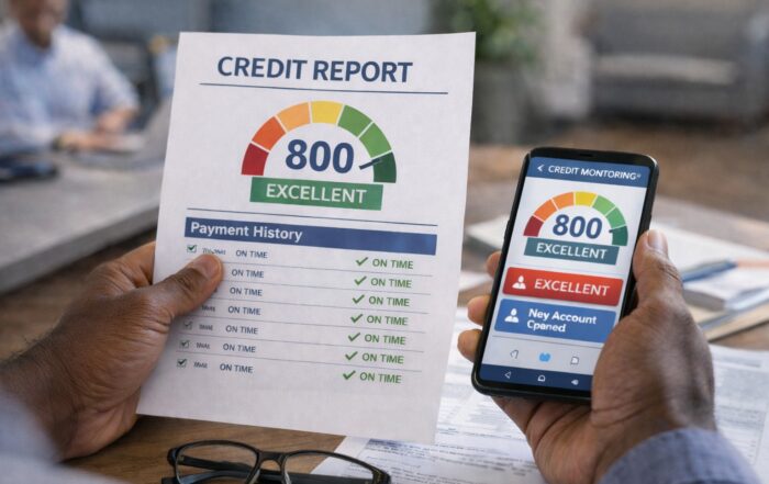 African American individual holding a credit report and smartphone showing an 800 credit score, illustrating how rare an excellent credit score is and the habits of elite borrowers.