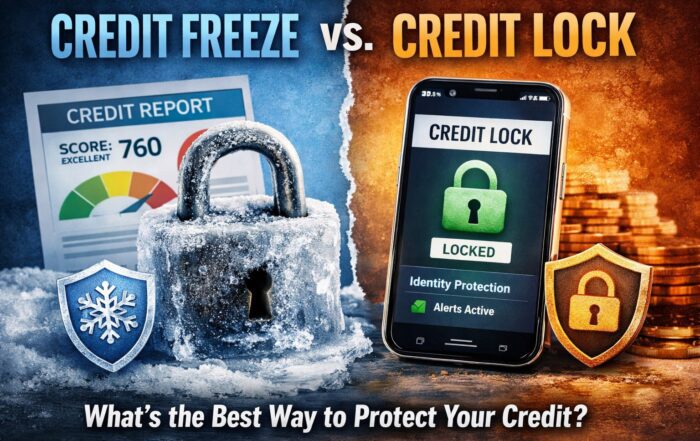 Credit freeze vs credit lock comparison showing frozen credit report protection and mobile credit lock identity theft security.