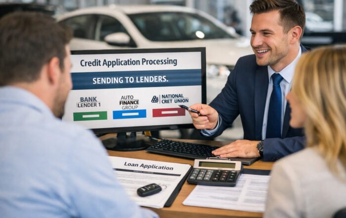 Car dealership finance manager submitting a customer’s credit application to multiple auto lenders during the vehicle financing process