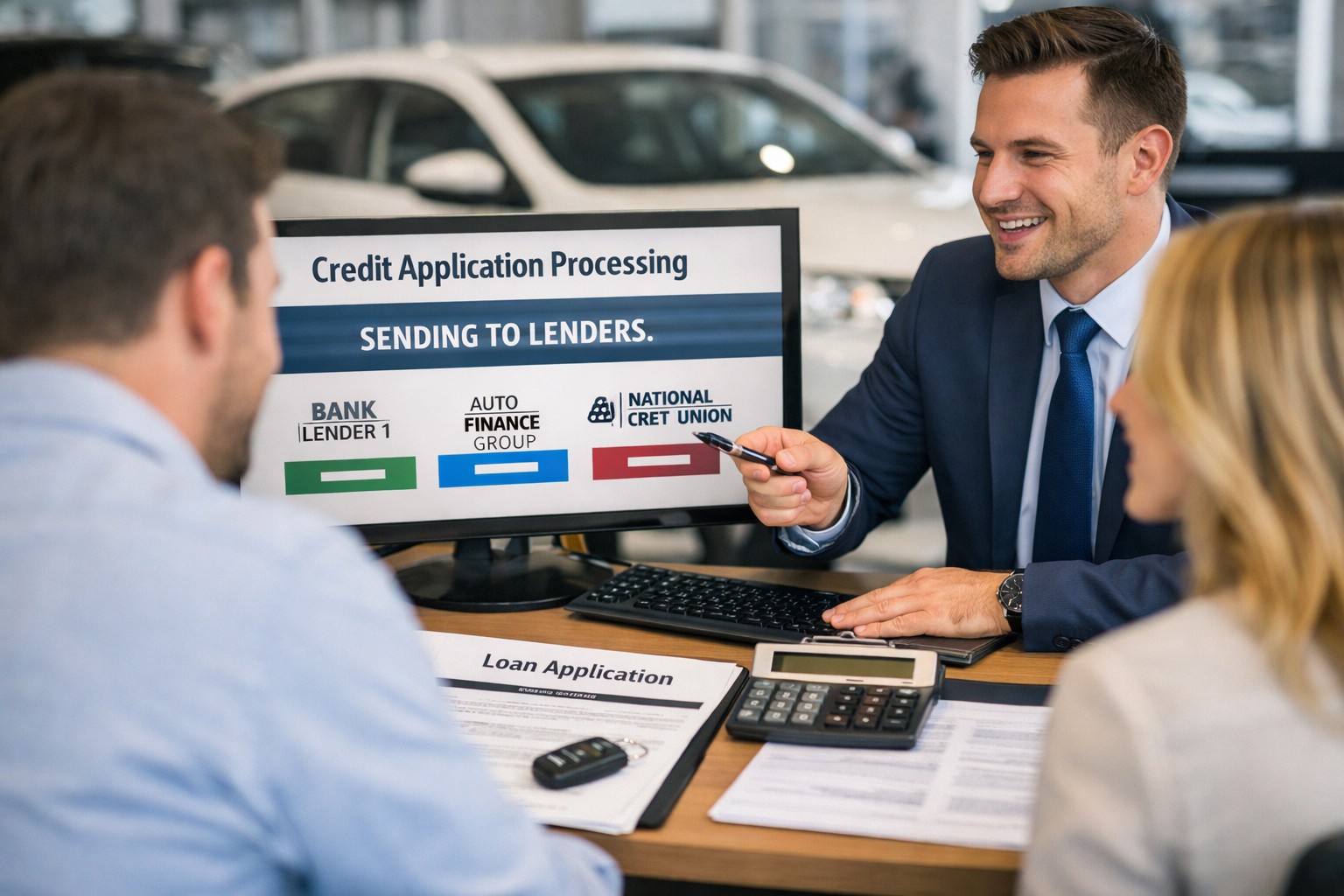 Car dealership finance manager submitting a customer’s credit application to multiple auto lenders during the vehicle financing process