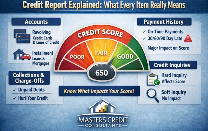 Credit report explainer graphic showing accounts, payment history, collections, and credit inquiries with a 650 credit score example, branded by Masters Credit Consultants.