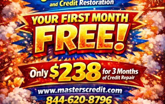 2026 Credit Repair Explosion promotion by Masters Credit Consultants offering first month free credit repair and three months of credit restoration for $238