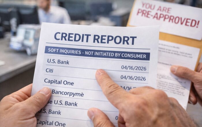 Credit report showing soft inquiries from banks and lenders checking credit without consumer approval.
