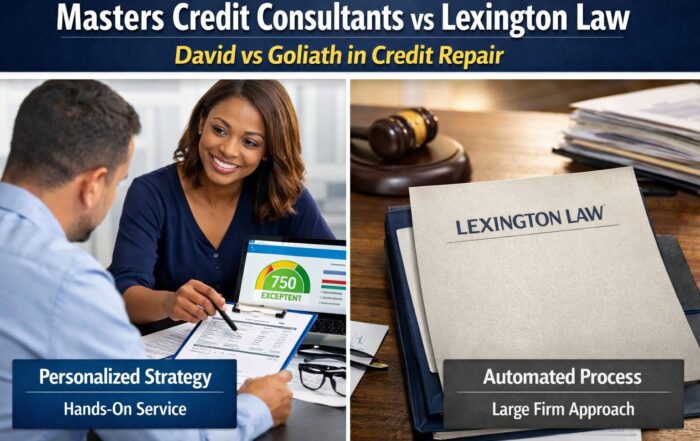 Masters Credit Consultants vs Lexington Law credit repair comparison showing personalized strategy versus automated process