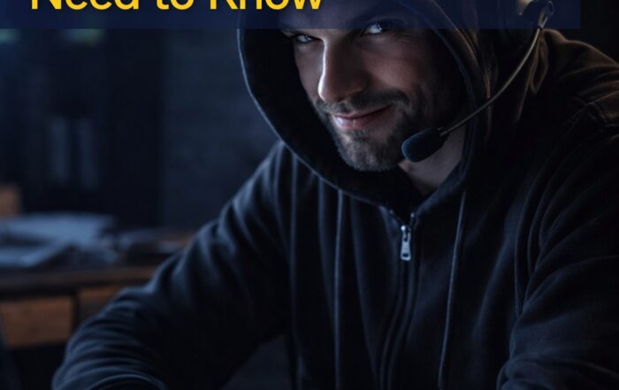 Debt collectors using fake local numbers depicted as a suspicious caller wearing a headset in a dark office, representing caller ID spoofing and deceptive debt collection tactics