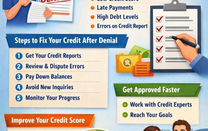 “Denied credit now what infographic showing why credit is denied and steps to fix credit and get approved faster”