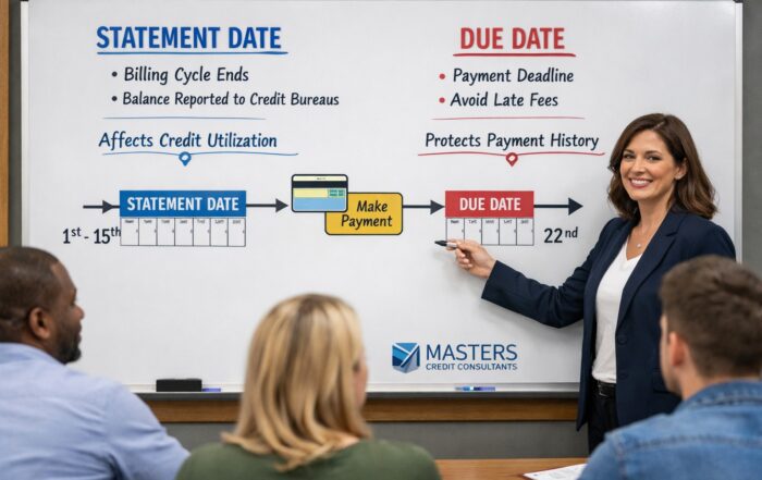 Teacher explaining due date vs statement date on classroom whiteboard showing how credit card billing cycles impact credit utilization and credit score.