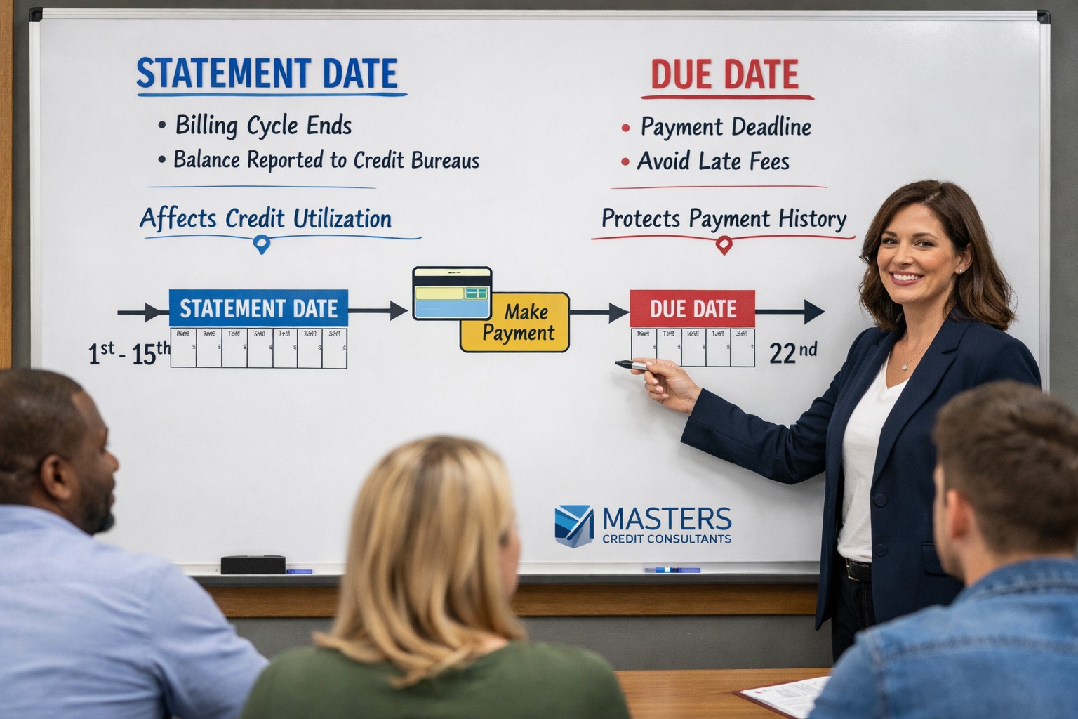 Teacher explaining due date vs statement date on classroom whiteboard showing how credit card billing cycles impact credit utilization and credit score.