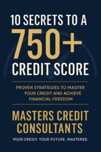 Ebook cover titled “10 Secrets to a 750+ Credit Score” by Masters Credit Consultants, featuring proven strategies to master credit and achieve financial freedom.