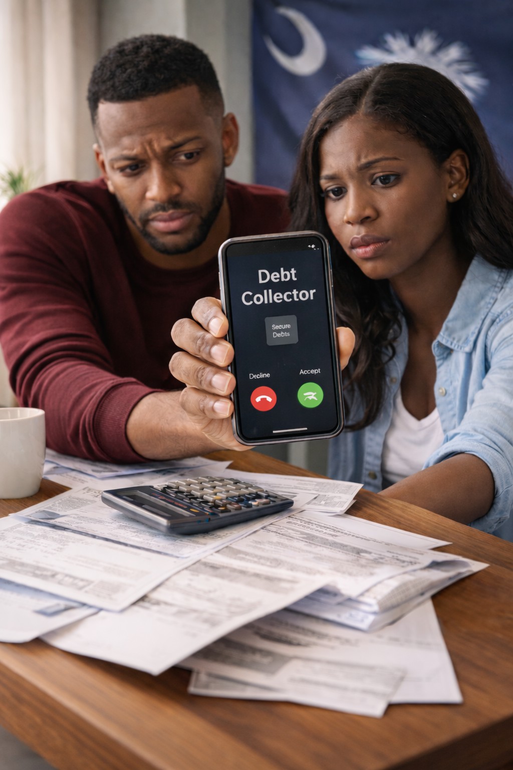 African American couple in South Carolina stressed over overdue bills while receiving a debt collector call on a smartphone