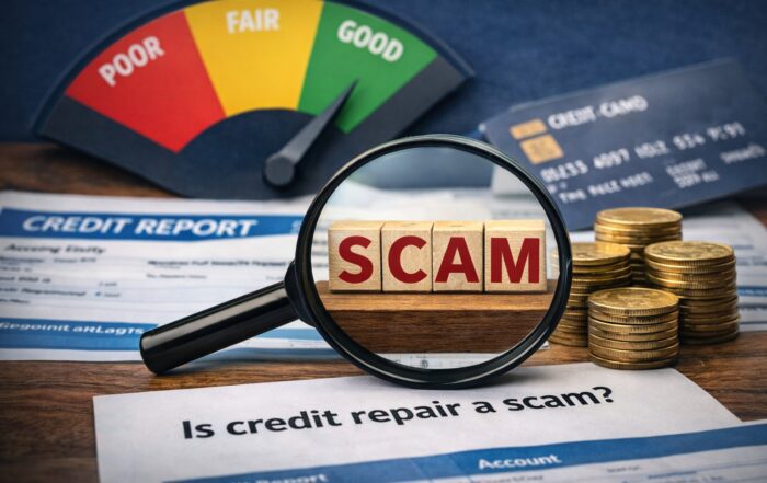 Credit report and credit score gauge with magnifying glass highlighting the word “scam,” illustrating why credit repair works for some consumers and not others