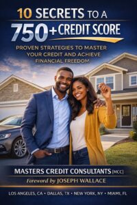 Free credit score improvement ebook cover titled “10 Secrets to a 750+ Credit Score” by Masters Credit Consultants, featuring a smiling couple holding house keys in front of a new home.