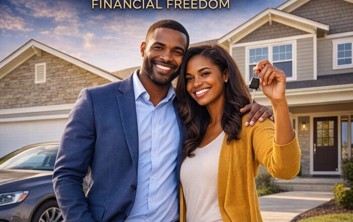 Free credit score improvement ebook cover titled “10 Secrets to a 750+ Credit Score” by Masters Credit Consultants, featuring a smiling couple holding house keys in front of a new home.