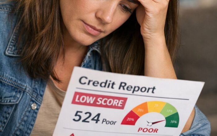 woman reviewing low credit score report feeling stressed about bad credit and looking for credit repair help