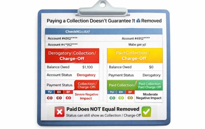 Paying a collection does not remove it example showing derogatory vs paid collection and charge-off account status impact on credit report