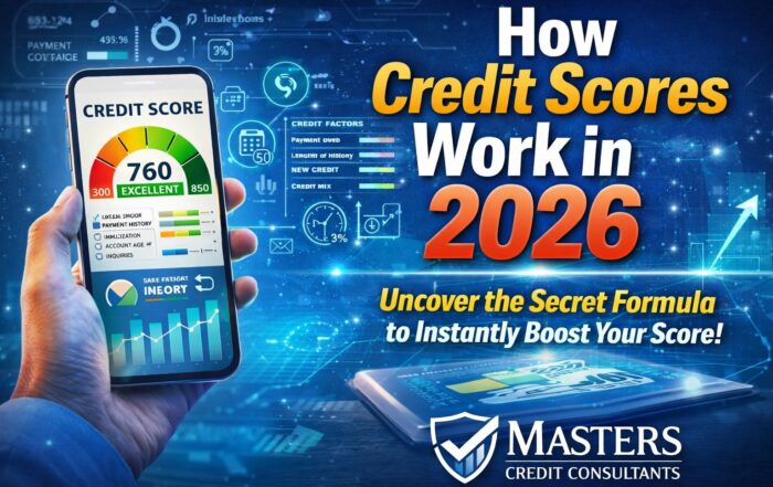 Man holding smartphone displaying a 760 credit score with digital dashboard explaining how credit scores work in 2026 and how to improve credit score fast