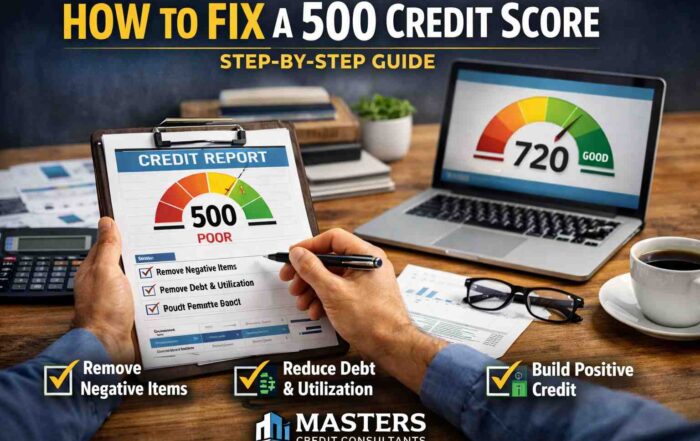 How to fix a 500 credit score step-by-step with visual guide showing credit score improvement from 500 to 720