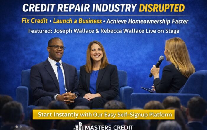 Joseph Wallace and Rebecca Wallace speaking on stage at a conference about credit repair, business startup, and achieving homeownership faster through a self-signup platform