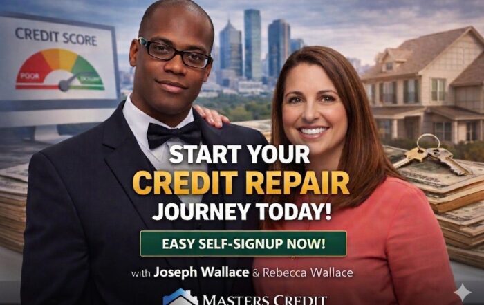 Joseph Wallace and Rebecca Wallace promoting Masters Credit Consultants self-signup platform to start credit repair online in minutes and improve credit scores faster
