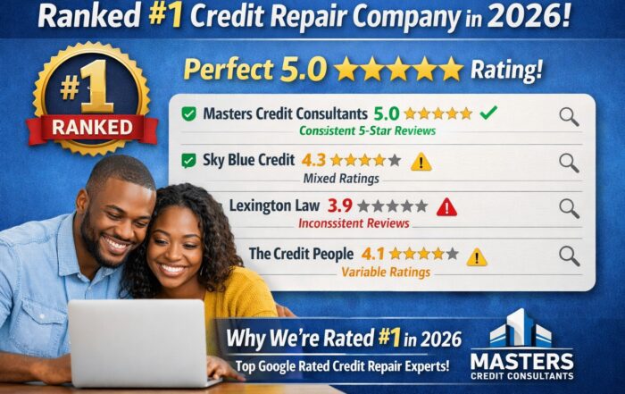 “Masters Credit Consultants ranked #1 credit repair company in 2026 with perfect 5.0 Google rating compared to Sky Blue Credit, Lexington Law, and The Credit People”