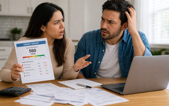Couple reviewing low credit score report and looking confused about why their credit score is not increasing despite credit repair efforts