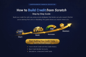How to build credit from scratch step-by-step guide showing credit growth, score improvement, and financial progress