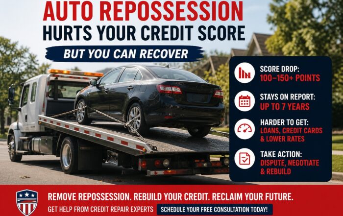 Auto repossession tow truck removing car from driveway showing impact on credit score and how to recover from repossession