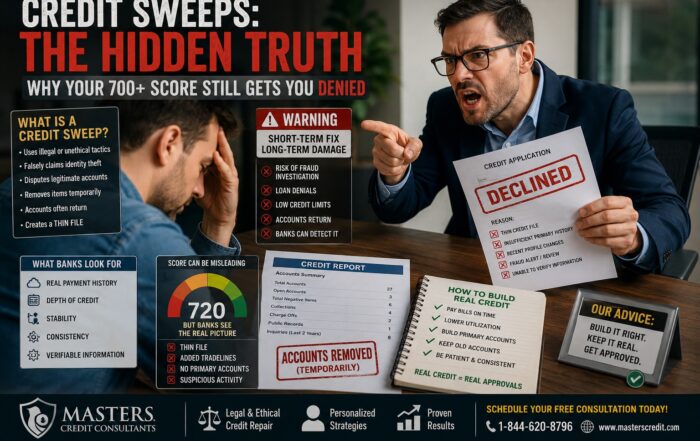 Upset man confronting a credit repair representative after being denied for credit despite having a 700+ credit score from a credit sweep and tradeline-heavy thin credit file