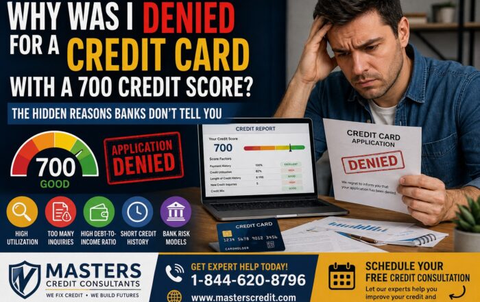 Man frustrated after credit card denial despite having a 700 credit score while reviewing credit report and financial documents