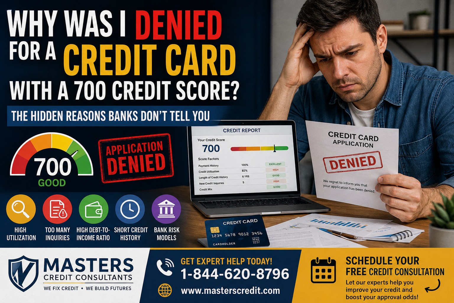 Man frustrated after credit card denial despite having a 700 credit score while reviewing credit report and financial documents