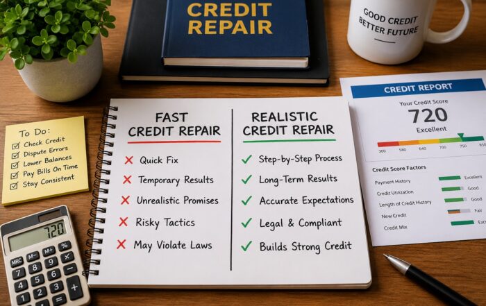 Professional credit repair consultation showing realistic timeline expectations versus misleading fast credit repair promises
