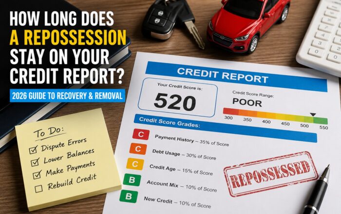 Credit report showing vehicle repossession impact, low credit score, and steps to rebuild credit after repossession in 2026