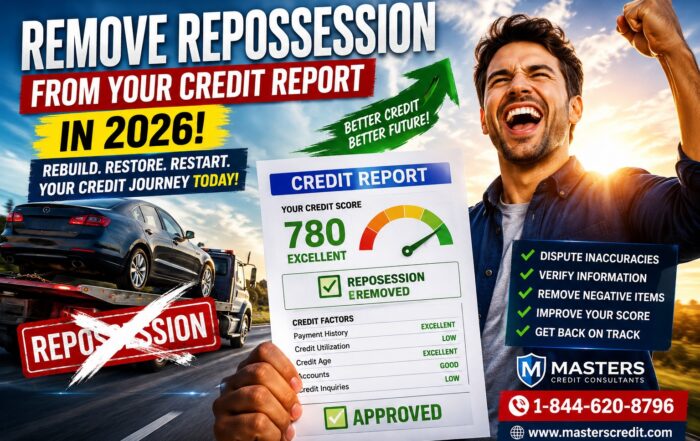 Before and after repossession credit repair concept showing a damaged credit profile transformed into a high credit score in 2026 with Masters Credit Consultants