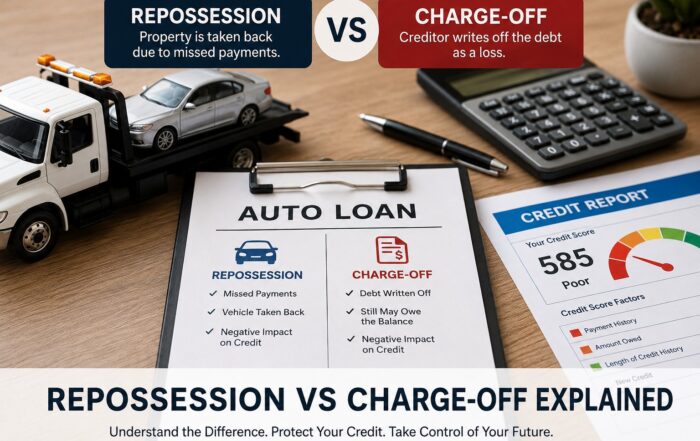 Repossession vs charge-off comparison showing a repossessed vehicle, auto loan paperwork, damaged credit score report, and financial documents explaining how negative accounts affect credit.