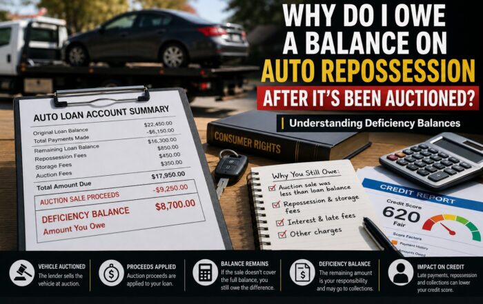 Auto repossession deficiency balance explained with repossessed car, auction paperwork, remaining loan balance calculation, and damaged credit report after vehicle auction sale.