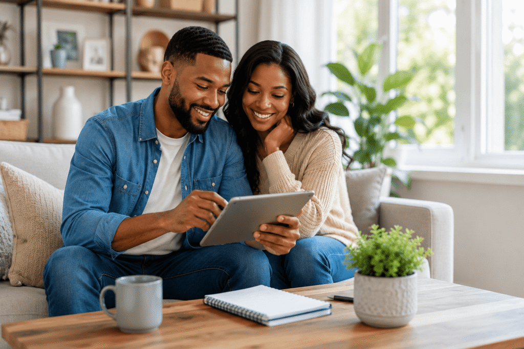 Couple sitting together in a bright living room while reviewing financial goals, illustrating how better credit can improve loan approvals, lower interest rates, increase credit limits, and strengthen long-term financial opportunities.