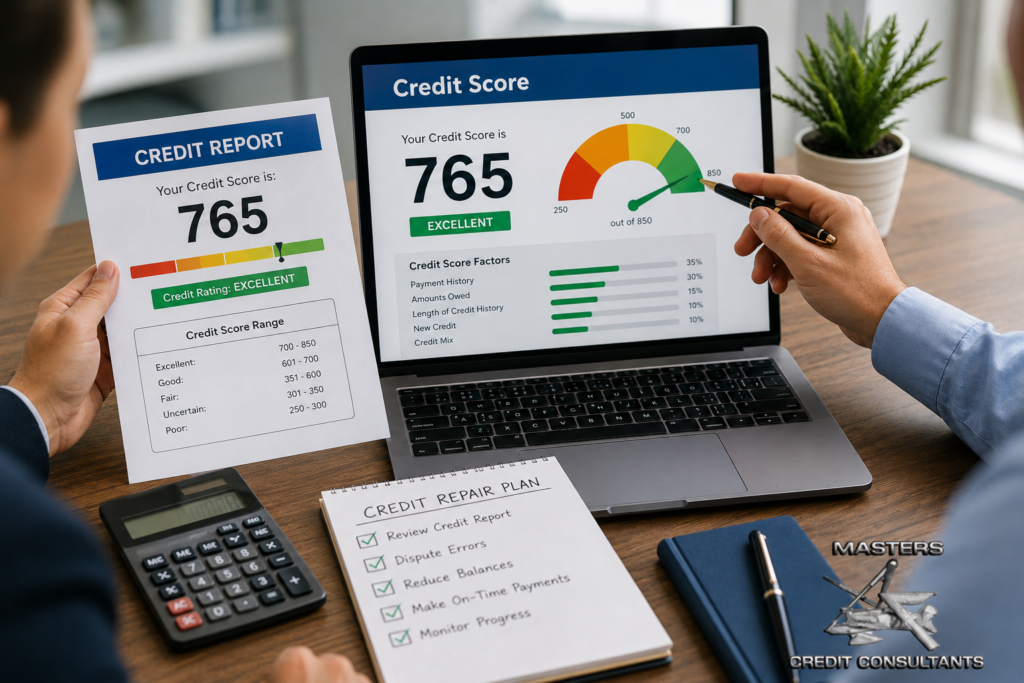 Credit fixing service consultation showing a credit report review and credit score improvement plan with professional credit repair services from Masters Credit Consultants