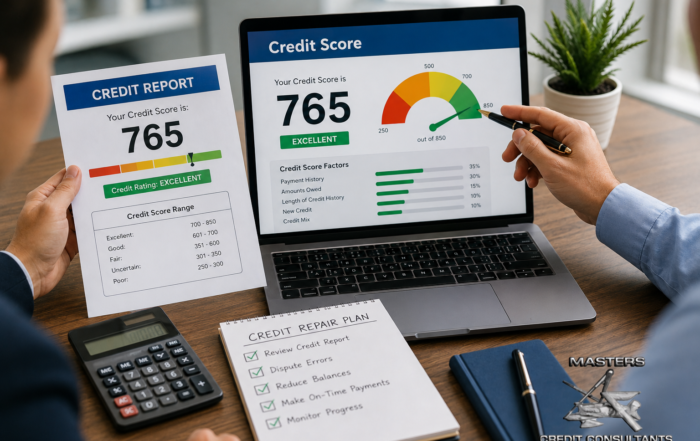 Credit fixing service consultation showing a credit report review and credit score improvement plan with professional credit repair services from Masters Credit Consultants