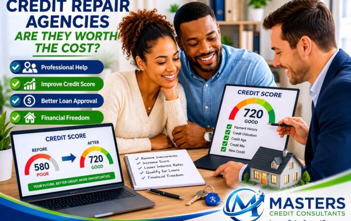 Credit repair agency consultation showing a couple reviewing a 720 credit score and loan approval opportunities with a professional credit repair specialist