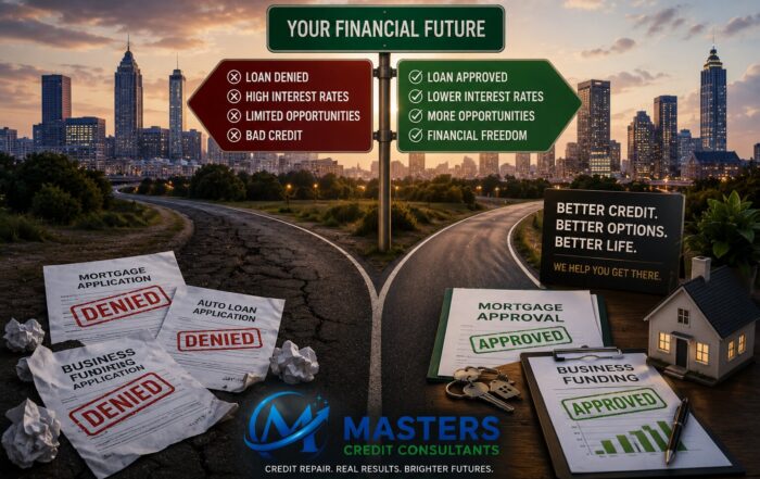 Credit Repair Atlanta financial crossroads illustration showing the difference between loan denial and loan approval through better credit management and credit repair services