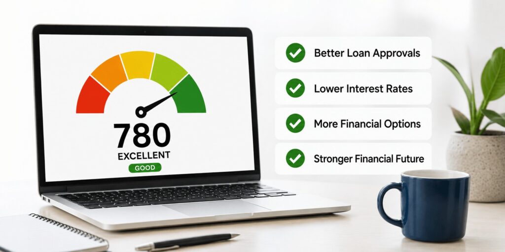Credit repair benefits illustration showing a 780 credit score with key advantages including better loan approvals, lower interest rates, more financial options, and a stronger financial future.