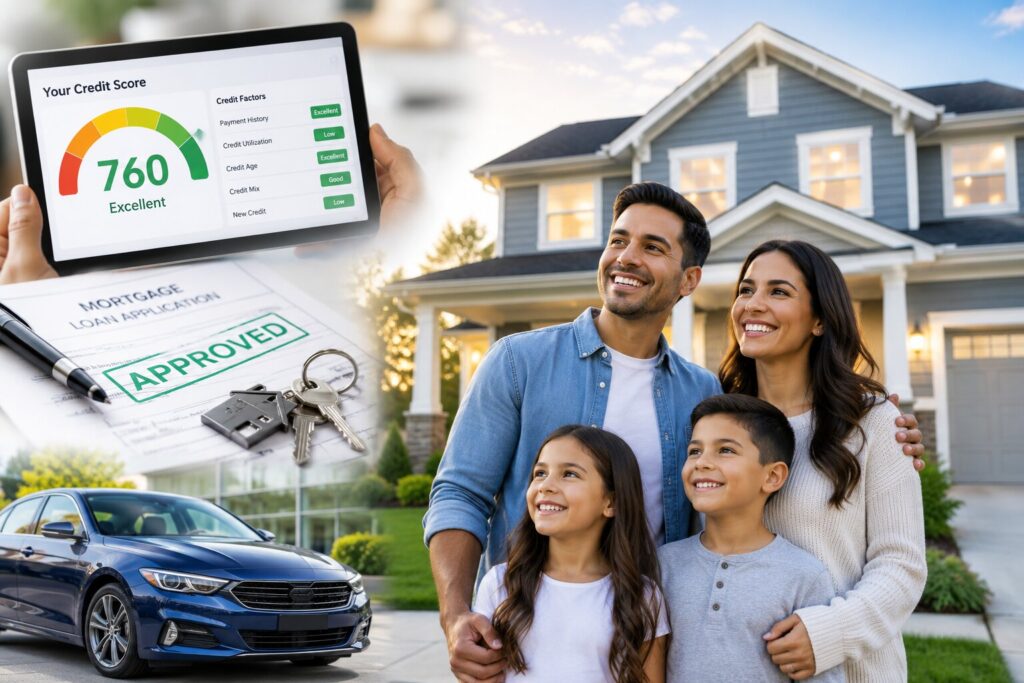 Happy family standing in front of their new home with an approved mortgage application, improved credit score dashboard, and new vehicle, representing the benefits of credit repair, credit building, homeownership, and financial success.