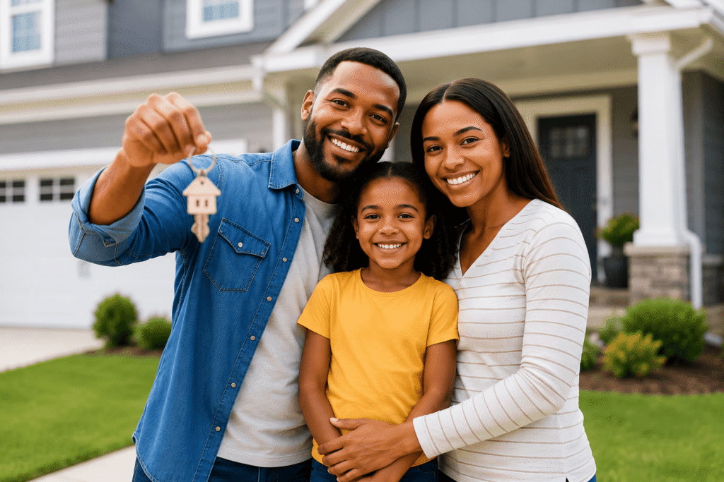 Happy family celebrating homeownership after improving their credit score, holding house keys in front of their new home.