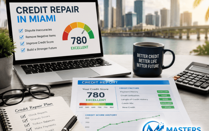 Credit repair in Miami financial success concept showing laptop dashboard with credit score improvement, dispute checklist, credit report analysis, and Masters Credit Consultants branding in a professional workspace