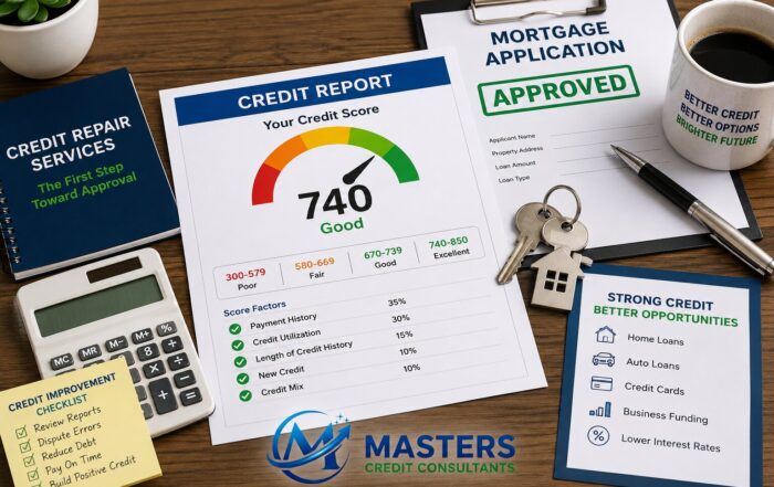Credit repair services flat lay featuring a 740 credit score report, approved mortgage application, house keys, and financial planning tools from Masters Credit Consultants