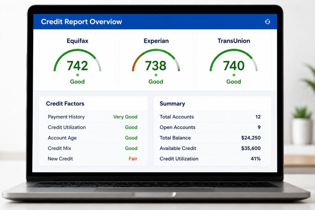 Credit report analysis dashboard showing Equifax, Experian, and TransUnion credit scores with detailed credit factors and account summary.
