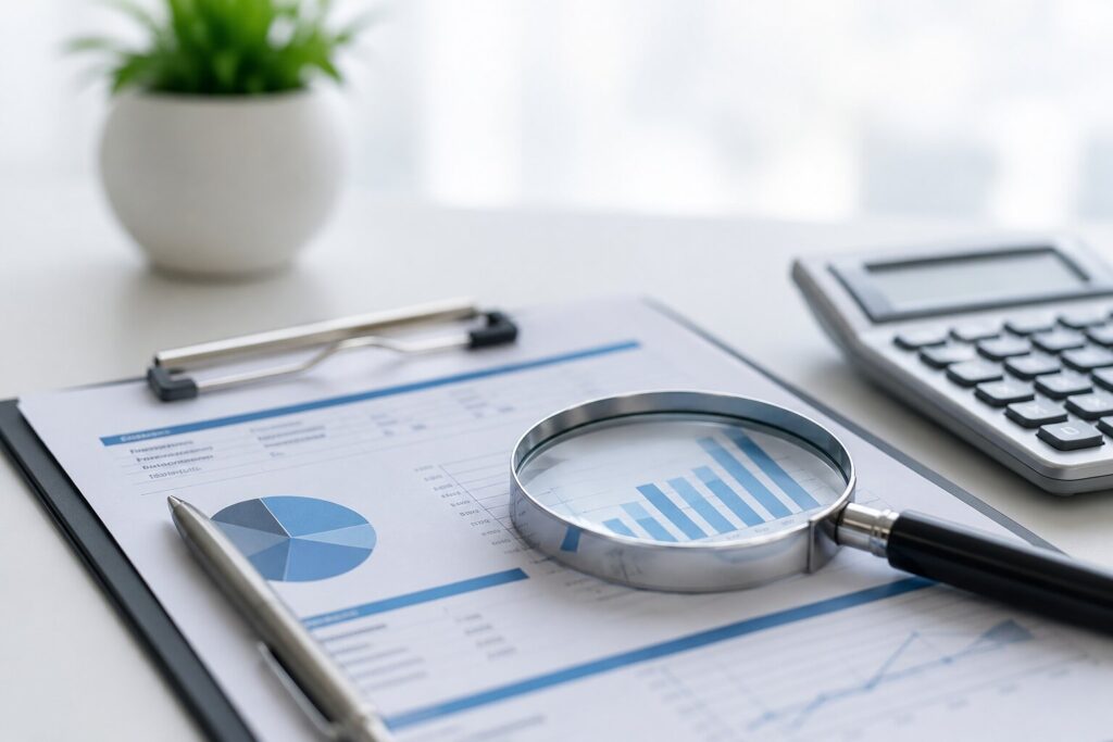 Magnifying glass reviewing financial reports and credit data on a clipboard during a professional credit report analysis.