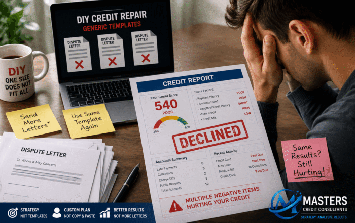 Consumer reviewing a poor credit report after using DIY credit repair templates instead of a personalized credit repair strategy to improve credit scores.