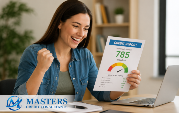 Woman celebrating improved credit score after using credit repair services to qualify faster for loans and financing